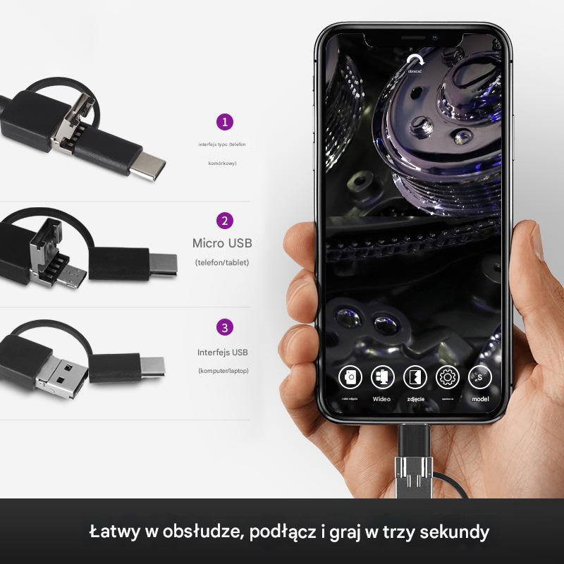 Potrójny interfejs (C-Type, USB, Micro USB) Borescope