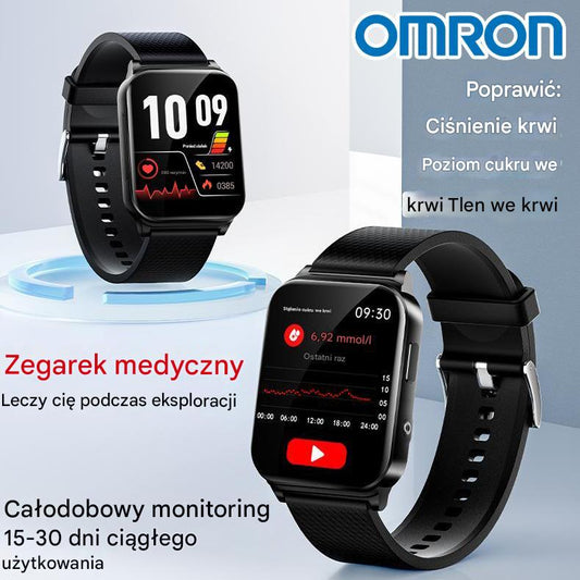 【Polska wersja językowa】Nieinwazyjny smartwatch do pomiaru poziomu glukozy we krwi z całodobowym pomiarem tętna EKG, ciśnienia krwi i temperatury