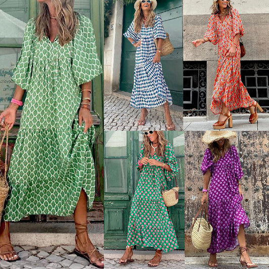 💖 Damska Elegancka Sukienka Maxi z Puff Rękawami i Kwiatowym Wzorem